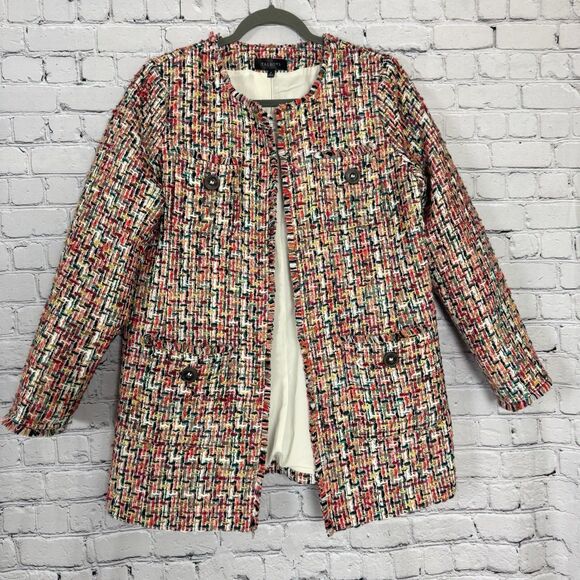 NWT Talbots Candy Tweed Fringe Topper Open Jacket Coat Women 8 Red Multi Pockets - Picture 3 of 13